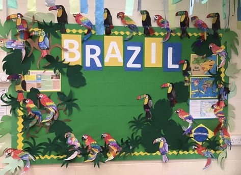 South America Decorations, Brazil Bulletin Board Ideas, South America Classroom Decorations, Brazil Classroom Decoration, Brazil Theme Classroom Decor, Brazil School Project Ideas, Brazil Door Decoration, Brazil Themed Party, Brazil Preschool Activities