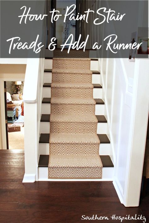 Paint Stairs With Runner, No Slip Stairs Ideas, Stair Makeover With Runner, Stair Runner Turned Stairs, Painted Stairs With Carpet Treads, Paint Stair Treads, Redoing Stairs Diy Removing Carpet, Carpet Treads For Stairs, Painted Stair Treads