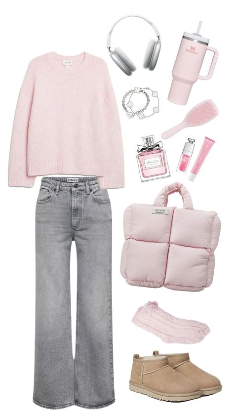 Light Pink Crewneck Outfit, Outfits With Pullovers, Clean Girl Winter Fits, Cute Clothes For Cold Weather, Pink Fit Aesthetic, Winter Fits Aesthetic School, School Pink Outfits, Cute Outfits Winter Casual, Winter Essentials Aesthetic