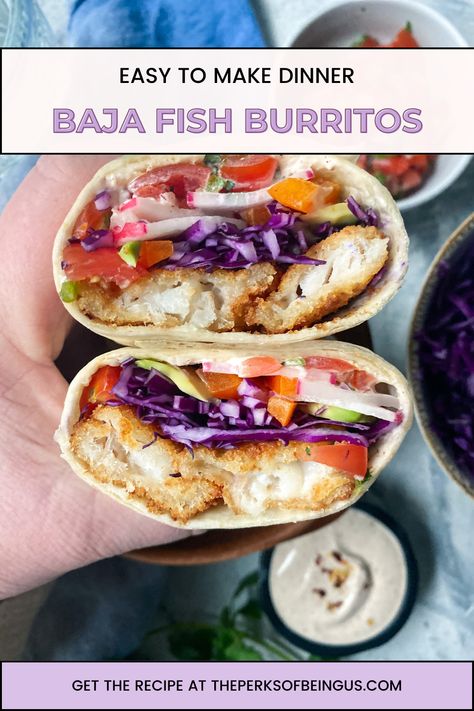 Drive past the lines of people waiting for take-out food and make this Baja Fish Burrito at home tonight! We use fresh veggies & frozen Gorton’s Fish filets to make these. We whipped up some fresh pico de gallo and baja sauce to complete this easy to make meal! You can also use fish sticks and mini tortillas for the kids! Fish Wraps Recipe, Fish Burrito Recipe, Fish Burritos, Baja Fish Taco Seasoning, Fish Wraps, Baja Style Fish Tacos, Fish Burrito, Beer Battered Fish Tacos With Baja Sauce, Baja Shrimp Burrito