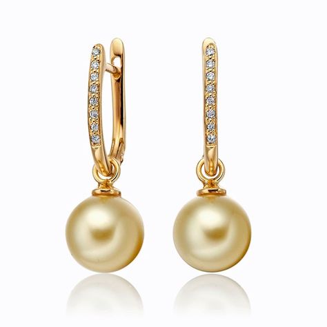 Winterson yellow gold, diamond and pearl earrings Diamond And Pearl Earrings, Natural Pearl Jewelry, Yellow Pearl Earrings, South Sea Pearls Earrings, Yellow Pearl, Golden South Sea Pearls, Luxury Jewellery, Pearl And Diamond Earrings, Sea Pearl