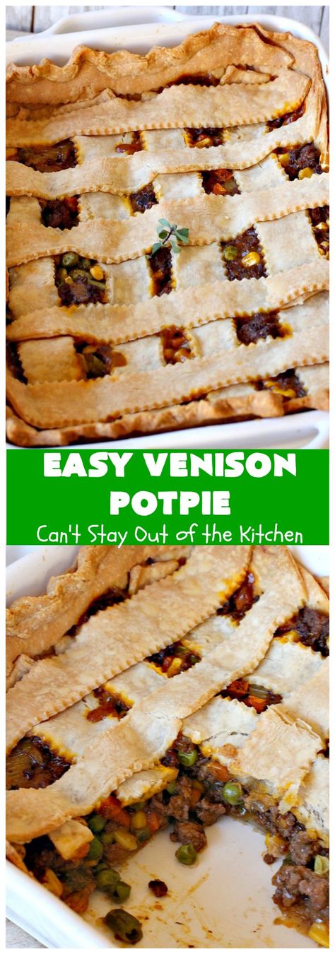 Easy Venison Potpie – Can't Stay Out of the Kitchen Easy Potpie, Venison Pot Pie, Potpie Recipe, Canned Venison, Ground Venison Recipes, Frozen Mixed Vegetables, Golden Mushroom, Comfort Food Meals, Golden Mushroom Soup