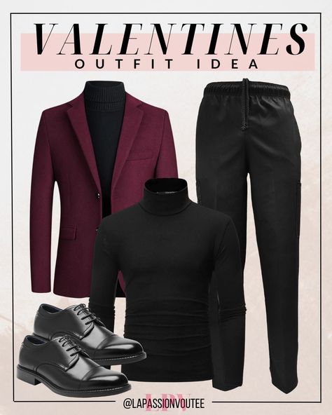 Steal hearts with this Valentine's Day ensemble: dapper maroon blazer paired flawlessly with a sleek black turtleneck, refined black pants, and polished dress shoes. Elevate your style game and make a lasting impression as you celebrate love in this effortlessly sophisticated outfits. valentines outfit | valentines outfit ideas | valentines outfits aesthetic | valentines day outfit for men Valentines Day Outfits Men, Maroon Blazer Outfit Men, Blazer Outfit For Men, Aesthetic Valentines Day Outfit, Maroon Blazer Outfit, Valentines Outfits Aesthetic, Blazer Outfits For Men, Valentines Outfit Ideas, Aesthetic Valentines Day