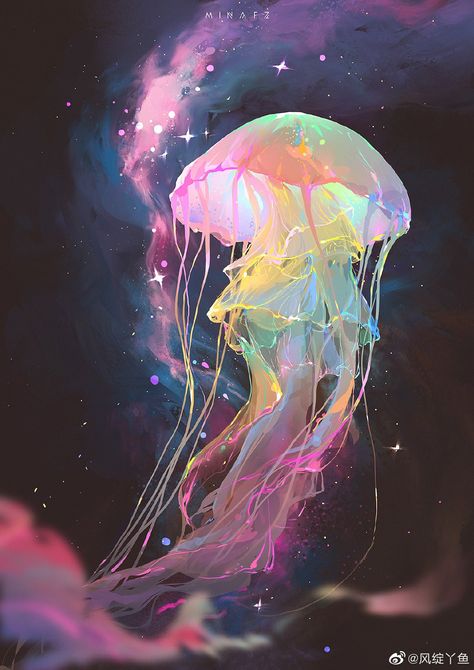 Jellyfish Wallpaper Aesthetic Drawing, Jellyfish Concept Art, Glowing Fish Art, Jelly Fish Character Design, Colourful Fish Drawing, Jellyfish Digital Art, Jellyfish Oc, Anime Jellyfish, Rainbow Jellyfish