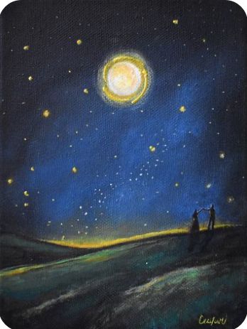 Stars In The Sky Painting, Moon Couple, City Of Stars, Surrealism Abstract, Pretty Paintings, Abstract Surrealism, Night Sky Art, Moonlight Painting, Night Sky Painting