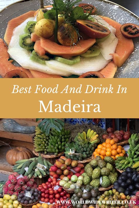 Plate of tropical fruits and a market stall piled high with colourful fruits and vegetables Madeira Food, Exotic Travel Destinations, Fish Tropical, Drinking Around The World, Honey Cake, Eat And Drink, Fresh Fish, Drink Menu, Tropical Fruits