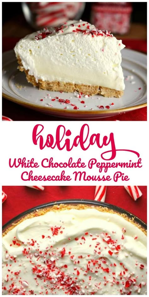 Holiday White Chocolate Peppermint Cheesecake Mousse Pie - This Holiday White Chocolate Peppermint Cheesecake Mousse Pie is dreamy, light and creamy and what peppermint dreams are made of and will look lovely on your table. #peppermint #cheesecake #mousse #pie #holidays White Chocolate Peppermint Cheesecake, Chocolate Peppermint Cheesecake, Mousse Pie, White Chocolate Peppermint, Peppermint Cheesecake, Christmas Snack, Peppermint Extract, Cheesecake Mousse, Brownie Desserts