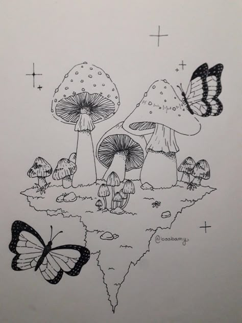 Butterfly Shroom Tattoo, Mushroom Butterfly Drawing, Butterfly On Mushroom Drawing, Fairy Background Drawing, Mushroom And Butterfly Drawing, Edgy Butterfly Drawing, Butterfly Drawing Doodles, Simple Spiritual Drawings, Hippy Drawings Easy Boho