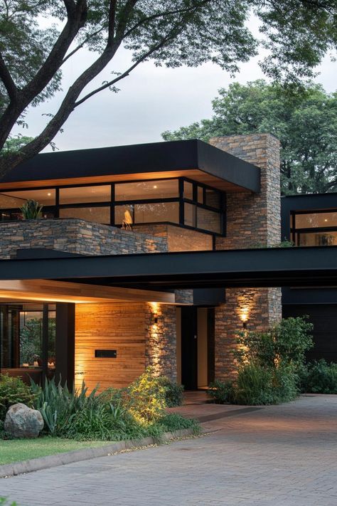 Contemporary house with stone and wood accents. Homes that are not only chic and sleek, but also clever enough to make your tech-savvy toaster feel right at home. Modern House Wood, Transitional House Exterior, Contemporary Architecture House, Dark Modern House, Brutalist House, Modern Exteriors, Tiny House Exterior, Contemporary House Exterior, Modern Contemporary Homes