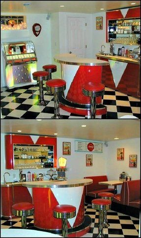 Retro Home Bars - Ideas on Foter Retro Diner Kitchen, American Diner Kitchen, 50s Diner Kitchen, American Diners, Diner Kitchen, 1950s Diner, Retro Garage, 50's Diner, Diner Ideas