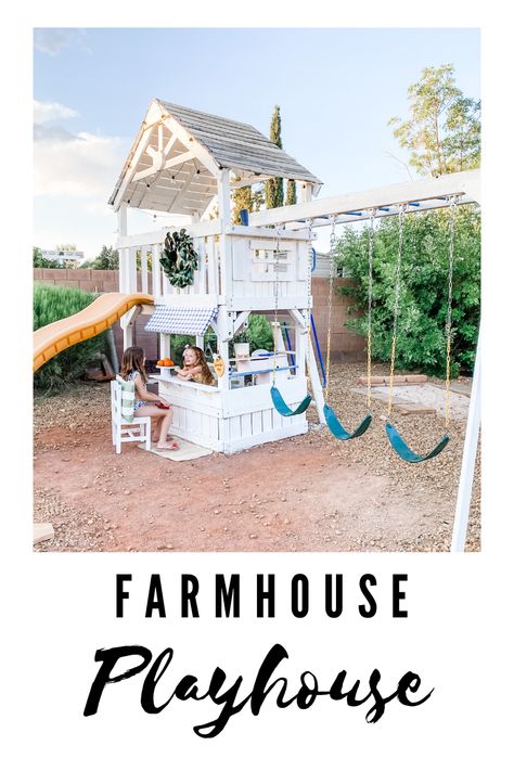 How we took a second hand swingset and gave it a Modern Farmhouse Makeover! Swingset Transformation, Backyard Playground Makeover, Under Playset Ideas Outdoor Play, Wooden Play Set Makeover, Playhouse Swingset Makeover, Playscape Makeover, Kids Swingset Ideas, Under Playset Ideas, Swingset Plans Diy