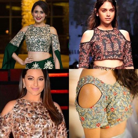 celebs-cold-shoulder-blouse Cold Shoulder Saree Blouse, Cold Shoulder Blouse Designs, Latest Blouse Design, Saree Jacket Designs, Plain Sarees, Blouse Tops Designs, Saree Blouse Neck Designs, Lehenga Blouse Designs, Latest Blouse Designs