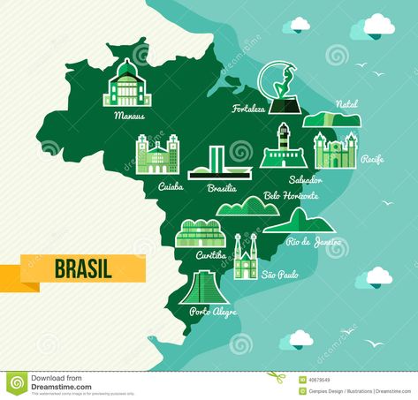 Landmarks of the Brasil Monochromatic Illustration, Soccer Championship, Brazil Map, Map Silhouette, Flat Design Icons, Board Game Design, Flat Icons, Flat Icon, Icons Design