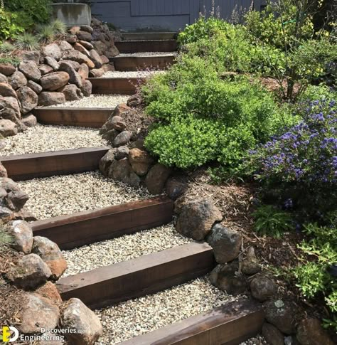 31+ Fantastic Ideas To Make Your Own Steps In Your Garden | Engineering Discoveries Slope Walkway Ideas, Yard With Hill Landscaping, Railroad Tie Steps On Slope, Landscaping Steps On A Slope, Landscape Stairs Sloped Yard, Paver Steps On Slope, Backyard Hill Landscaping, Landscape Stairs, Sloped Backyard Landscaping