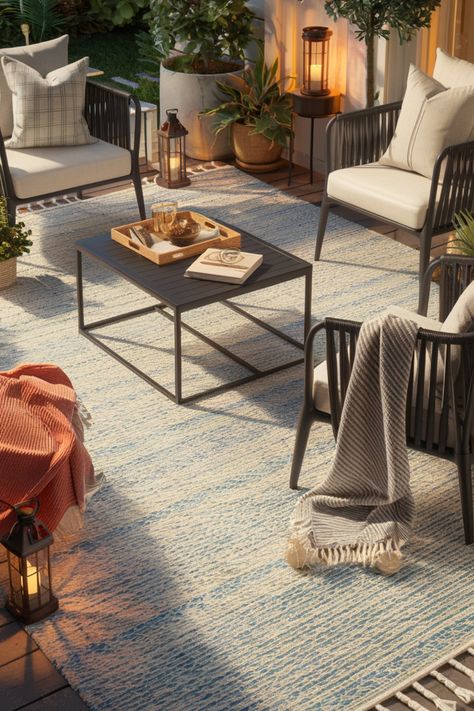 Cozy outdoor patio with four chairs around a coffee table, adorned with blankets, books, and lanterns in a garden setting. Carpeting Ideas, Carpet Decor, Patio Style, Eco Friendly Design, Patio Spaces, Decks And Porches, Concrete Patio, Outdoor Carpet, Sisal Rug