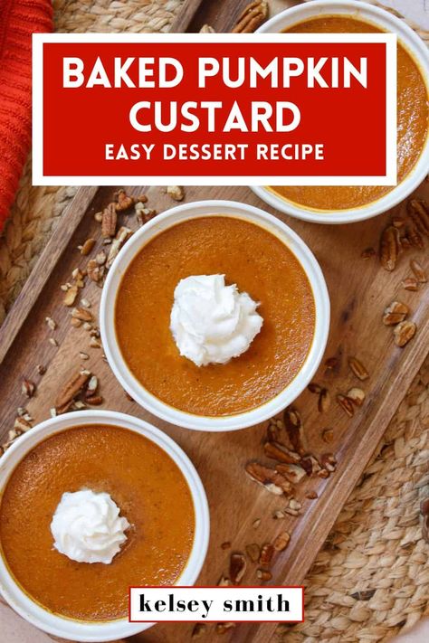 Silky and rich baked pumpkin custard is like pumpkin pie without the crust. Serve it with whipped cream and chopped pecans. #dessert #thanksgivingrecipes Pumpkin Pie Custard, Best Flan Recipe, Pumpkin Pudding Recipes, Fresh Pumpkin Pie, Custard Recipe, Pumpkin Pecan Pie, Pumpkin Custard, Decadent Chocolate Desserts, Martha Stewart Recipes