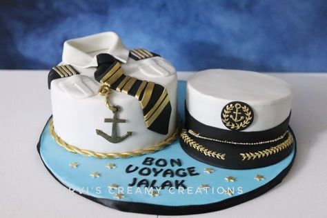 Bon Voyage  by Urvi Zaveri Navy Cakes Ideas Military, Sailor Cake, Bon Voyage Cake, Nautical Birthday Cakes, Sailboat Cake, Marine Cake, Navy Cakes, Sailor Birthday, Cake Land