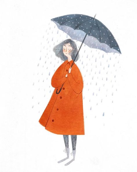 umbrella, simple, drawing, character, illustration, human, colour, weather, rain Taryn Knight, Spring Showers, In The Rain, The Rain, Umbrella, Orange