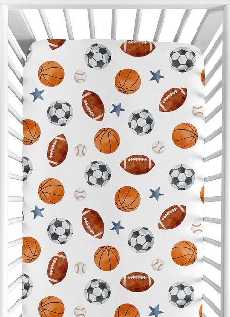 Sweet Jojo Designs Sports Theme Boy Baby Fitted Crib Sheet Infant Newborn Nursery Toddler Bed Room Standard Mattress Watercolor Vintage Sport Themed Soccer Balls Football Baseball Basketball Blue Star Sports Nursery, Portable Crib, Baby Sheets, Newborn Nursery, Mini Crib Sheets, Watercolor Vintage, Toddler Mattress, Sweet Jojo Designs, Baby Fits