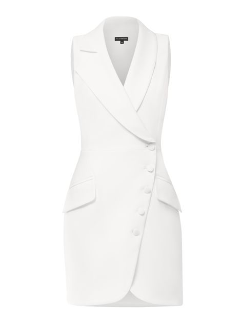 This blazer mini dress offers a chic take on power dressing with its structured cut that delivers timeless elegance, while its asymmetric lapels and double-breasted button closure add a contemporary touch.  The design is cinched at the waist and detailed with flap pockets to create an elegant, structured silhouette. Mindfully made from a luxurious stretch crêpe fabric, it is fully lined with silky satin for a smooth glide.  It is a sartorial chameleon, perfect for those who love their fashion with a side of versatility. Hand wash only. Wash inside out with like colours. Do not wring or twist. Do not tumble dry. Iron at 160°C max or use press cloth. Do not bleach. Professional dry clean. Classy White Dresses Elegant, Graduation Outfit Ideas Mom, Wedding Blazer Women, Business Dresses Classy, Sisters Outfits, White Business Dress, White Blazer Dress, Sleeveless Blazer Dress, Honeymoon Wear