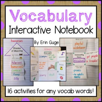 Print and Digital! Get maximum engagement with vocabulary words! These 16 activities (to use with any vocabulary list) are an effective way to increase understanding and retention of new words our students encounter!  And it comes in 2 versions!The first version is for an Interactive Notebook. Student directions with sample pictures are included (half-sheet size that can be laminated and placed on a ring in a word work center, or can be placed on the front of file folders containing the activity Word Study Activities 3rd Grade, Vocab Activities Elementary, Vocabulary Notebook Ideas, Teaching Vocabulary Activities, Vocabulary Activities Elementary, Interactive Notebook Ideas, Vocabulary Interactive Notebook, Races Writing Strategy, Vocabulary Notebook