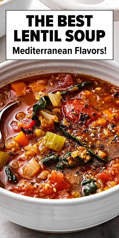 Lentil soup recipe with Mediterranean flavors. Veggie And Lentil Soup, Vegetarian Soup And Stew Recipes, Split Lentil Soup, Smitten Kitchen Lentil Sausage Soup, Best Fall Soups Healthy, Lentil Chorizo Soup, Seasonal Meals Fall, Easy Supper Ideas Vegetarian, Mediterranean Lentil Soup Crockpot