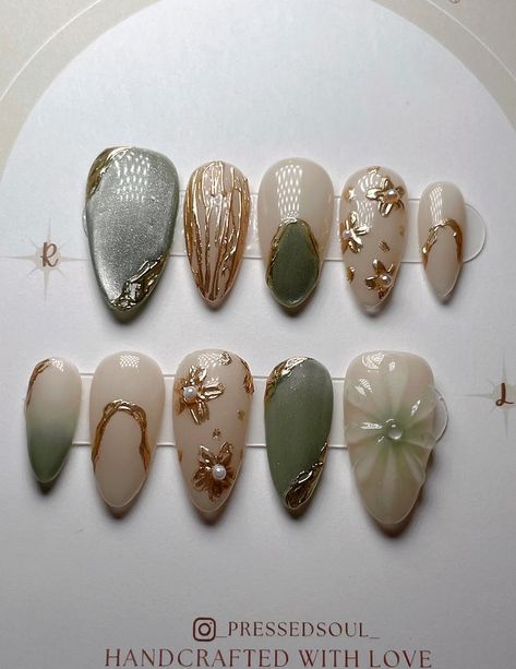 MIDORI Gold Floral Nail Art Press on Nails Jade Magnetic Nails 3D Gel Nail Art Gold Accent Nails Cat Eye Nails - Etsy Guest Wedding Nails, Fancy Gel Nails, Short Nails Ideas Almond, Vivxue Nails, Custom Press Ons, Nail Art Designs Aesthetic, Elven Nails, Hobbit Nails, Nails Press On