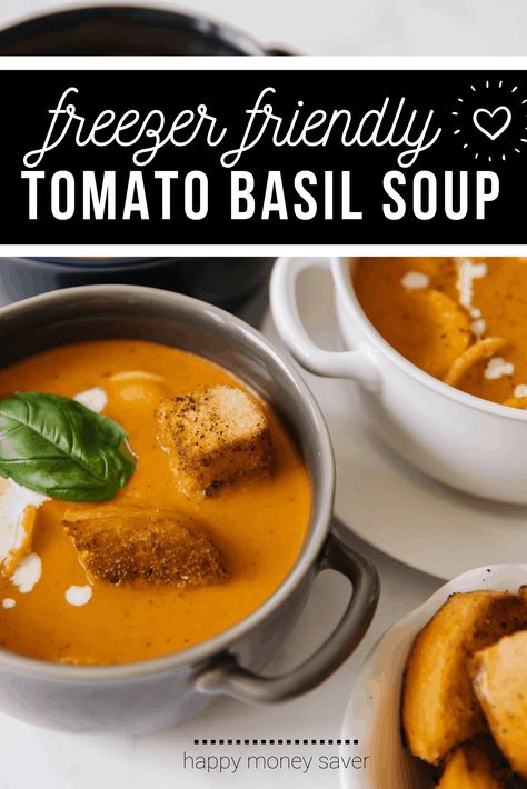 Rich and delicious, fast and easy; this creamy tomato basil soup recipe makes for a great grilled cheese companion, or stand on its own for a light meal when paired with a salad.Yum.. #tomatosoup #instantpot #slowcooker Soup With Ravioli, Freezer Soups, Happy Money Saver, Easy Tomato Soup Recipe, Basil Soup Recipe, Meals For New Moms, Tomato Basil Soup Recipe, Creamy Tomato Basil Soup, Happy Money