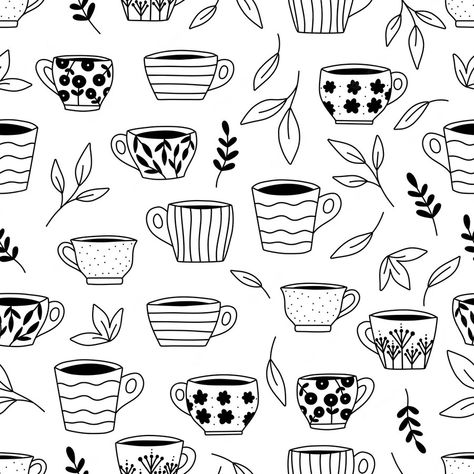 Premium Vector | Vector doodle seamless pattern with cups and tea leaves Tea Cup Doodle, Dishes Illustration, Teacup Doodle, Tea Doodle, Tea Cup Pattern, Cup Doodle, Drawing Cup, Doodle Mug, Tea Cup Drawing