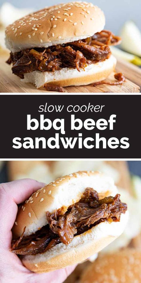 Adapted from an old drive in in Minnesota, these Slow Cooker BBQ Beef Sandwiches have slow cooked beef that is covered in a sweet barbecue sauce then cooked until it is falling apart, then served sandwich style. #recipe #sandwich #beef #slowcooker #crockpot #bbq Bbq Beef Crockpot, Slow Cooker Bbq Beef, Bbq Beef Sandwiches, Bbq Sauce Homemade Easy, Recipe Sandwich, Barbecue Sandwiches, Slow Cooker Teriyaki, Bbq Sandwich, Vegetarian Crockpot Recipes