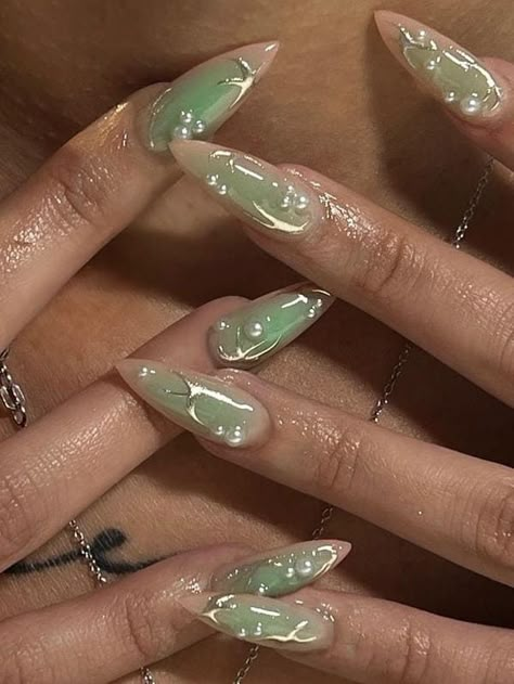 sage green aura nails with 3D chrome design Wedding Gel X Nails, Birthday Green Nails, Sage Square Nails, Aesthetic Sage Green Nails, White Green Nails Ideas, Safe Green Nails Acrylic, Green Nails Flower Design, Airbrush Green Nails, Green Nails Gradient