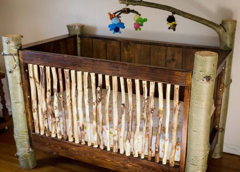 Built this for my son before he was born. Recycled Aspen trees all baby safe! Diy Baby Crib, Rustic Baby Cribs, Crib Diy, Baby Crib Diy, Witchy Cottage, Nursery Diy, Wood Crib, Cottage Vibes, Baby Nursery Diy