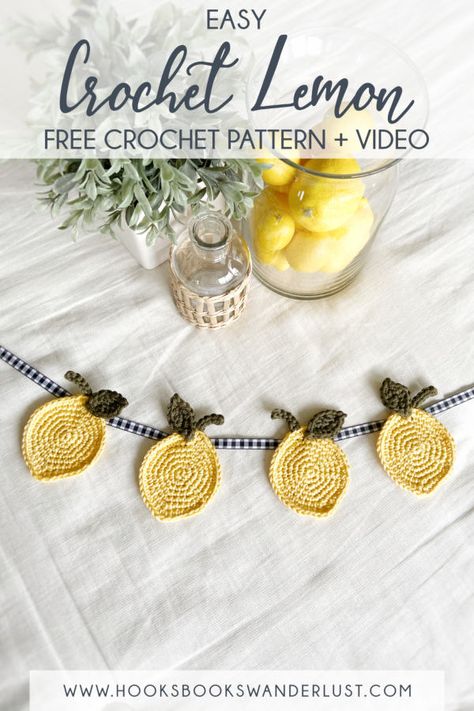 Lemon Bunting Motif – Hooks, Books, & Wanderlust Crochet Lemon Garland, Summer Crochet Garland, Lemon Crochet, Lemon Garland, Crochet Lemon, Crochet Flower Blanket, Crochet Bunting, Mini Bunting, Crochet Garland