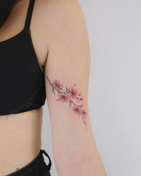 Arm Tattoos Color, Cherry Tree Tattoos, Cherry Blossom Tattoos, Floral Arm Tattoo, Bloom Tattoo, Sunflower Tattoo Sleeve, Sakura Tattoo, Cherry Tattoos, Inner Arm Tattoo