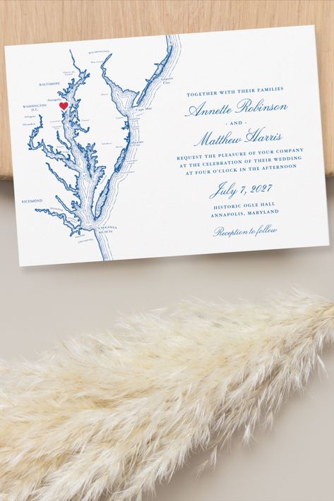 Image of a Chesapeake Bay Map wedding invitation on a wood cutting board with pampas grass Coastal Maryland Wedding, Coastal Wedding Invitations, Chesapeake Bay Wedding, Muskoka Wedding, Map Wedding Invitation, Custom Wedding Map, Annapolis Wedding, Chesapeake Bay Candles, Navy Invitation