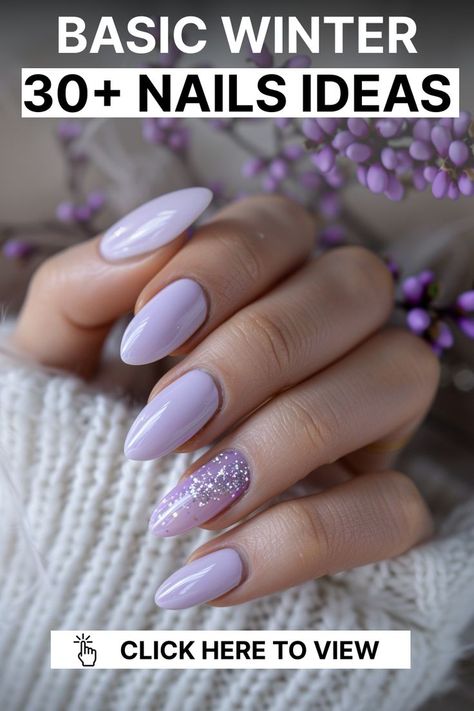 These nails have a frosted lavender base with a touch of glitter, creating a magical and dreamy winter look. The almond shape enhances the elegance of this sparkling design. Winter Shellac Nails Colors, Winter Nails Ideas Simple, Nails Acrylic Winter Classy, Winter Nails Simple Classy, Nails Neutral Design, Neutral Winter Nails Gel, Nails Coffin Simple, Formal Nails Acrylic, Basic Gel Nails