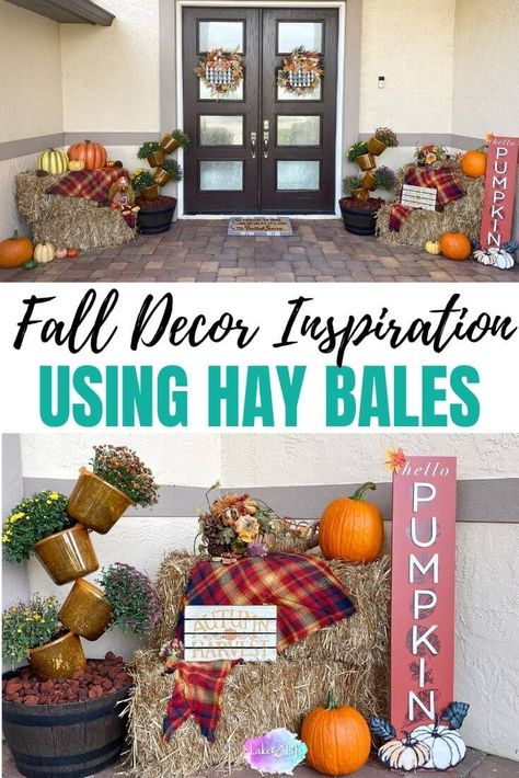 I absolutely love decorating with hay bales! Hay bales are a simple way to add that fall feeling to your holiday decor with very little effort. My fall decorating idea using hay bales is one I go back to year after year. I promise that you will too once you see how easy it is. Come take a look for yourself! Fall Decor With Straw Bales, Fall Decorations With Hay Bales, Fall Hay Bale Decor Porch Ideas, Straw Bale Decor Fall, Fall Decor Hay Bales, Fall Decor With Hay Bales, Hay Bale Decorating Ideas, Hay Bale Fall Decor, Hay Bale Decor