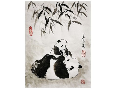 Colour Brush, Panda Painting, Panda Illustration, Art Chinois, Chinese Brush Painting, Chinese Brush, Brush Painting, Mineral Paint, Chinese Painting