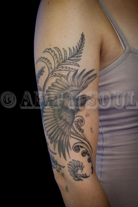 Zoeys Black & Gray Tui  Tattoo Tui Tattoo, Bird Tattoo Sleeves, Locket Tattoos, New Zealand Tattoo, Mastectomy Tattoo, Fern Tattoo, Native Tattoos, Soul Tattoo, Finger Tattoo Designs