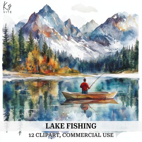 12 Boat Fishing Serene Clipart, Lake Fishing, Printable Watercolor Clipart, Paper Craft, Card Making, High Quality, Digital Download Fly Fishing Painting, Man Fishing, Fish Clipart, Winter Fishing, Craft Card, Boat Fishing, Lake Fishing, Watercolor Images, Easy Watercolor