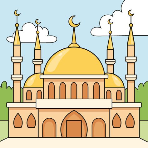 Masjid Drawing Simple, Madina Drawing Easy, Mosque Drawing Easy, Mosque Printable, Masjid Drawing, Islamic Drawing, Mosque Drawing, Exams Funny, Drawing Scenery