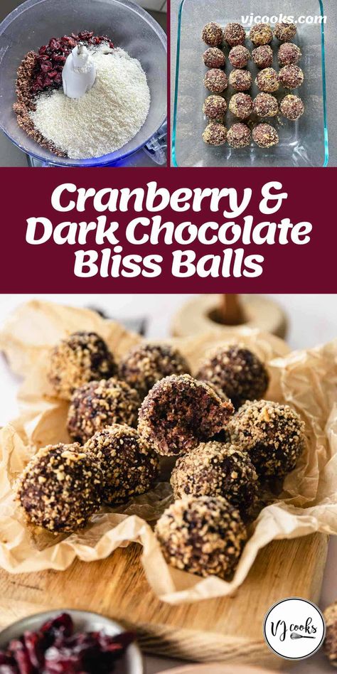 No-bake bliss balls, the ultimate healthy snack. Made from made from cranberries, chocolate, roasted almonds, desiccated coconut and coconut cream, these delicious bliss balls are a great mid-afternoon treat to satisfy any sweet craving. Store them in the fridge for up to 2 weeks. #vjcooks #sweettreat #healthybaking Christmas Bliss Balls, Healthy Christmas Snacks For Kids, Almond Balls, Healthy Christmas Snacks, Vj Cooks, Cranberry Bliss, Baking Easy, Bake Sale Recipes, Desiccated Coconut