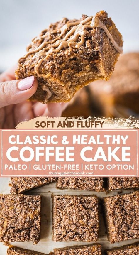 Gluten Free Coffee Cake | This delicious classic coffee cake gets a healthy makeover, is now made paleo, low carb, and gluten-free, yet still easy to make. Soft and fluffy healthy coffee cake sprinkled with sweet cinnamon crumble toppings that melt in your mouth. This paleo coffee cake makes the perfectly healthy and delicious treat for the whole family to enjoy. | #glutenfreedessert #coffeecake #healthycoffeecake #paleodessert #healthybreakfast Paleo Coffee Cake, Healthy Coffee Cake, Healthy Paleo Desserts, Gluten Free Coffee Cake, Classic Coffee Cake, Gluten Free Coffee, Gluten Free Desserts Healthy, Cinnamon Crumble, Paleo Recipes Dessert