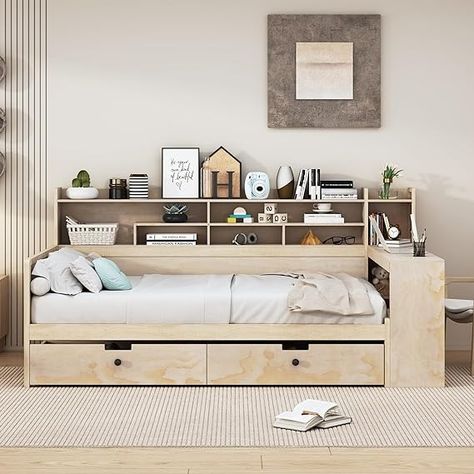 Amazon.com: SOFTSEA Full Size Daybed with Bookcase & Drawers, Wood Daybed with Desk and Storage Shelves for Kids Teens Adults, Full Size Daybed with Bookcase Headboard, Natural : Baby Desk Product, Full Size Daybed, Wooden Daybed, Daybed Bedding, Mdf Plywood, Bookcase Headboard, Daybed With Storage, Mdf Frame, White Desks