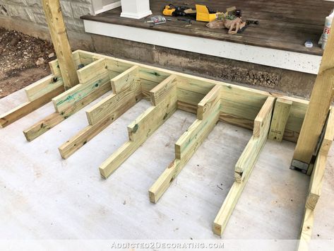 Building My Front Porch Steps (The Box Method) - Part 1 - Building The Basic Frame - Addicted 2 Decorating® Wide Front Porch Steps Wood, Building Steps Front Porches, How To Build Front Porch Steps, Build Porch Steps, Diy Porch Build, Cabin Steps Porches, Box Stairs Deck, Diy Front Door Steps, How To Build Deck Steps