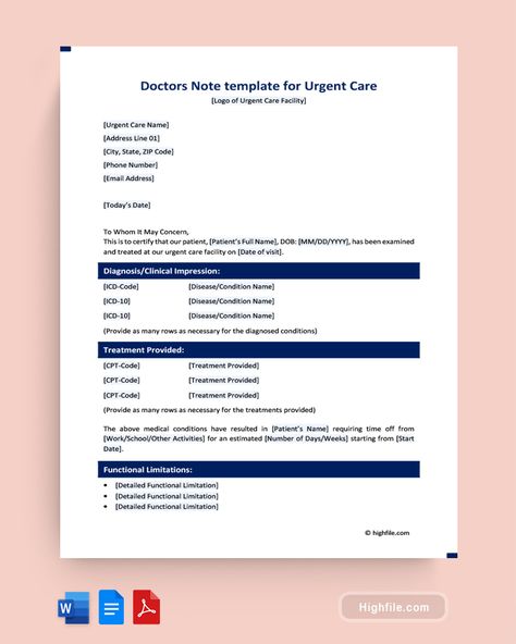 Doctors Note Template for Urgent Care - Word | PDF | Google Docs - Highfile Cpt Codes, Doctors Note Template, Urgent Care Clinic, Note Template, Doctors Note, Care Logo, Urgent Care, Notes Template, Emergency Room