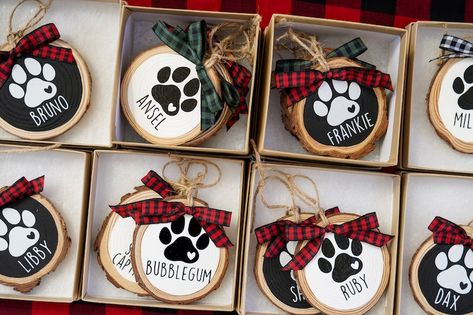 Personalized Dog Paw Ornament With Name Custom Painted Wood | Etsy Dog Christmas Ideas Gift, Cricut Projects Dog Lover, Diy Dog Products To Sell, Diy Dog Items To Sell Craft Fairs, Ornaments Diy Wood Slices, Ideas En Mdf, Wooden Slice Ornaments, Christmas For Dogs, Birthday For Dog