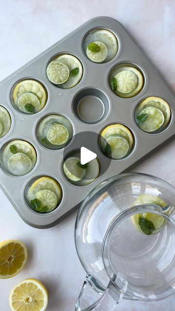 Alaura Berry on Instagram: "Lemon Lime Mint Ice Cubes 🍋🌱🧊  This hack makes the perfect large ice cubes for a pitcher of water or lemonade at your next BBQ! They elevate a simple drink & make your guests feel extra special AND refreshed with the citrus & mint water. You can even add one ice cube to each cup since these tend to melt slower than smaller ice cubes or add it to your cocktail🍹  To make these large ice cubes: Grab your cupcake tin and add a slice of lemon, lime and a mint sprig to each mold. Fill each with water and pop the tray in the freezer. You can even add edible flowers or edible glitter to make things extra fancy 💫🌸   To remove the cubes:  Place a dish towel on your counter and tap the tray upside down on the counter and the cubes just fall right out! The longer you Lemon Ice Cubes, Fancy Ice Cubes, Pitcher Of Water, Flower Ice Cubes, Fancy Ice, Mint Water, Cupcake Tins, Mint Sprig, Juice Drinks