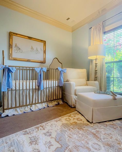 Nursery With Two Chairs, Good Crib Nursery, Vintage White Nursery, Non Gender Nursery, Nursery With Armoire, Charleston Theme Nursery, Chinoiserie Chic Nursery, Grand Millennial Style Nursery, Nursery Ideas Southern