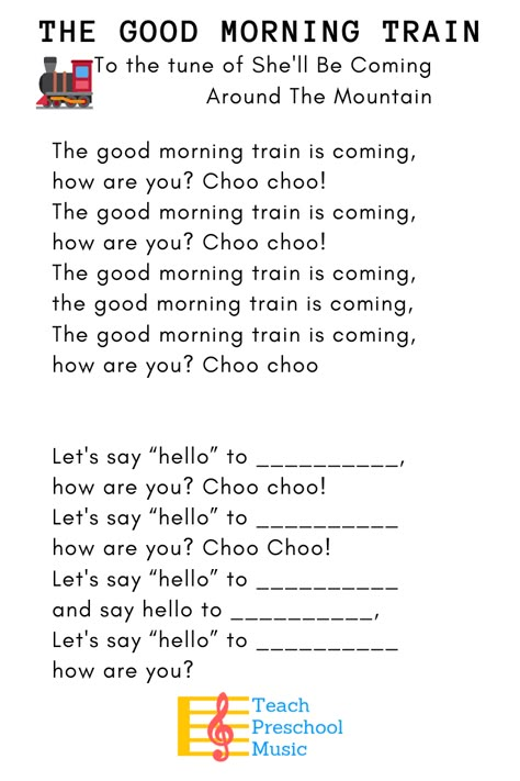 Kids love this train-themed hello song! #preschoolmusic #teachpreschoolmusic #lessonplans Good Morning Prek Songs, Pre K Transition Songs, Transportation Songs For Preschool, Kindergarten Good Morning Song, Welcome Songs For Kindergarten, Greeting Songs For Preschool, Preschool Greeting Songs, Montessori Circle Time Ideas, Fun Preschool Songs